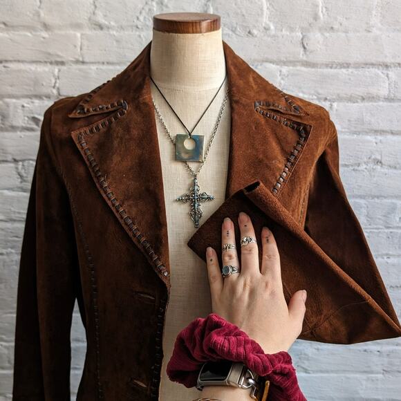 Y2K Brown Suede Leather Jacket Boho Western Minimalist Rust Biker Cowgirl Blazer - Picture 3 of 10